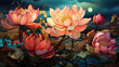 Background image of a blooming lotus in the style of Art Nouveau, painted in colors of lotus pink and lily pad green, featuring floral motifs and peaceful aesthetics, digitally inked.