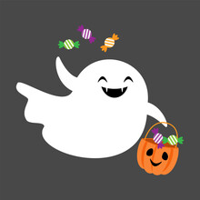 Cute White Ghost Hold Basket Of Toffy . Halloween Cartoon Character . Flat Design . Vector .