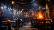 Fall-themed Cafe With Halloween Decor And An Inviting Atmosphere. Enjoy Coffee Amidst The Magic.