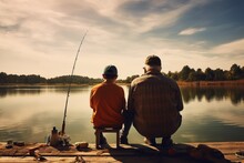 Rear View Of Man And His Senior Father Enjoying Freshwater Fishing While Relaxing On The Pier.
