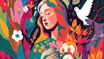 Wall Mural - Portrait of a woman in the forest with birds art background. Generative Ai