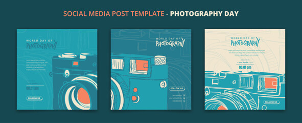 Set of social media post template with flat camera vector illustration for photography day campaign