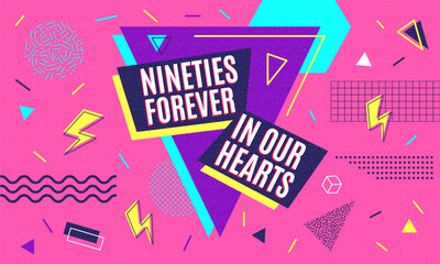 Poster - 90s retro poster. Music party invitation, 90 or 80s pop geometric elements, vintage fashion textures, mtv art. Hipster colorful background. Simple graphic cover. Vector graphic design