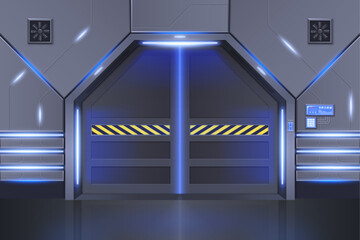 Aufkleber - Spaceship door. Metal space ship interior. Sliding gate inside hexagon wall. Laboratory lock. Empty hallway. Futuristic elevator doorway. Glowing lamps. Shuttle design. Vector 3D background