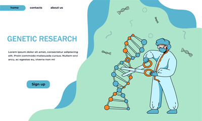 Aufkleber - Genetic research landing page. Scientist cutting DNA helix with scissors. Laboratory tests and experiments. Biotechnology lab. Chromosome engineering. Vector website design template