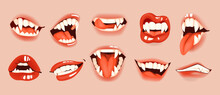 Joker Mouth. Halloween Smile. Creepy Face Mask. Vampire Jaw. Evil Fangs Grin. Horror Beauty. Sexy Red Lips And Tongue. Devil Teeth. Vector Cartoon Mystery Facial Isolated Elements Set