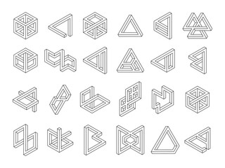 Poster - Geometric shapes. Impossible 3D symbols. Line pattern objects. Hipster tattoo signs. Optical illusion. Abstract infinity rounds and squares. Penrose triangle. Vector modern icons set