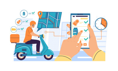 Poster - Online delivery app. Women holding smartphone and making order in grocery shopping service. Courier on scooter quickly brings purchases. Vector mobile application with navigation system