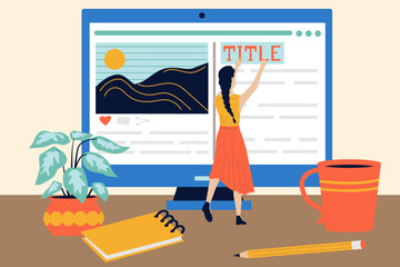 Poster - Copywriters work. Text title editing. Computer screen on table and tiny woman. Freelance web job. Bloggers content creation. Author article copywriting. Blog manage. Vector concept