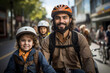 © Martin Mohan - Urban family enjoying a leisurely bike ride with helmet through a bustling city.