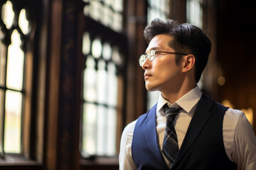 Portrait of an handsome Korean man in his 40s wearing glasses with formal slick hairstyle smooth beardless face, wearing a suit in a luxury ancient library