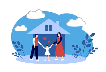 Mother, dad and daughter are standing near the house. A happy family. Vector illustration isolated on white background.