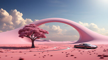 3d image of a pink car ride surround by pink cloud or smoke in a pink modern curved architecture