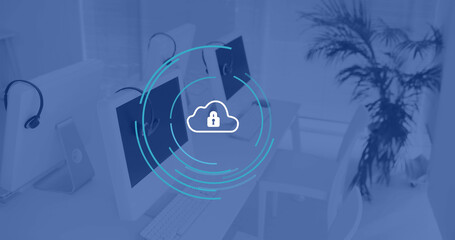 Poster - Image of cloud icon and scope over computers in office