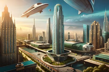 A nostalgic retro-futuristic city setting, inspired by the 22 best sci-fi novels of the 20th century