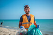 © wolfhound911 - portrait close up smiling mixed race volunteer man collecting trash on the beach. AI Generated