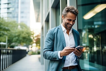 Wall Mural - A smiling businessman in fashion clothes using a smartphone, commuting to work in the city. AI Generated