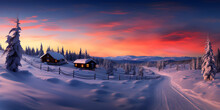 Winter Sunset Log Cabin Landscape In The Mountains With Snow And Fir Trees