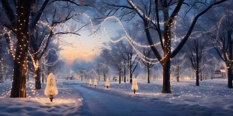 winter park path in the night with trees snow and Christmas lights