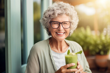 Healthy senior woman smiling while holding some green juice. AI Generated