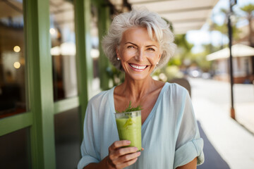 Healthy senior woman smiling while holding some green juice. AI Generated