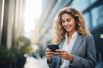 smiling businesswoman in fashion clothes using a smartphone, commuting to work in the city.. AI Generated