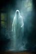 Ghost in white robe in old haunted house