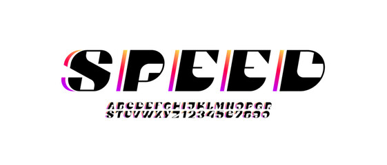 Aufkleber - Techno italic font, modern digital tilt alphabet, cyber letters and numbers, vector illustration 10EPS