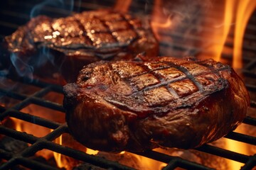 Two beautiful big juicy beef steaks on hot grill