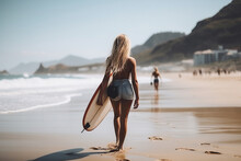 Adventurous Female Surfer Having Fun At The Beach In Summer. AI Generated