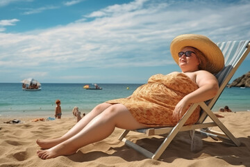 Wall Mural - A very fat woman enjoys her vacation. relaxing on beach, In background beach and sea. AI Generated