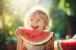 © wolfhound911 - Adorable little child with blond hairs eating watermelon. AI Generated