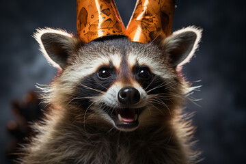 Wall Mural - Funny party raccoon wearing colorful summer hat and stylish sunglasses. AI Generated