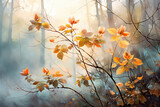Fototapeta Do pokoju - A dreamy watercolor representation of a misty autumn morning, with dew-kissed leaves shining under the soft light of dawn Generative AI