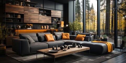 Wall Mural - Studio apartment with black walls. Interior design of modern living room. AI Generated