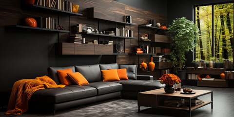 Wall Mural - Studio apartment with black walls. Interior design of modern living room. AI Generated