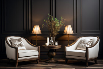 Wall Mural - Two leather mid-century armchairs and wooden coffee table. AI Generated