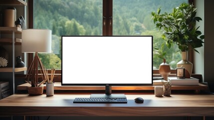 computer monitor mockup with blank screen on wooden desk in contemporary minimalist home office with
