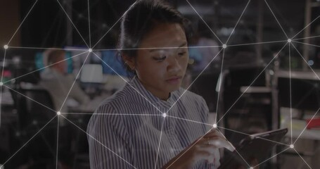 Poster - Animation of network of connections with globe over asian businesswoman with tablet