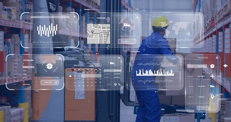 Poster - Animation of data on screens over caucasian man in warehouse