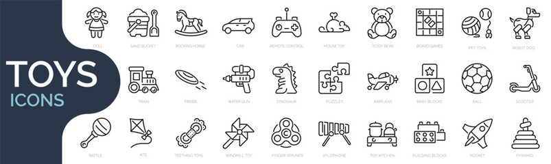 set of outline icons related to children toys. linear icon collection. editable stroke. vector illus