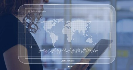 Poster - Animation of data with world map over caucasian businesswoman with tablet