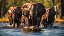 A Group Of African Elephants (Loxodonta Africana) Cooling Off In Botswana's Okavango Delta, Their Massive Bodies And Flapping Ears A Majestic Sight Against The Water.