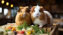 A Pair Of Guinea Pigs (Cavia Porcellus) Munching On Vegetables In A Playpen, Their Cute Expressions And Soft Fur Making Them A Hit With Children.