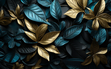 blue leaves on a black background. AI Generated