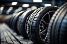 Tire Rubber Products , Group Of New Tires For Sale At A Tire Store..