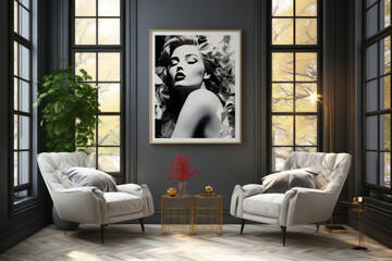 retro art trendy wall art grey white and black framed. AI Generated