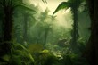 Illustration of green prehistoric jungle with lush vegetation, Generative AI