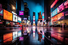 A Blank Billboard Stands Out In The Colorful Vibrancy Of Times Square New York, Waiting For A Message To Light Up The Night