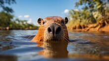 A Capybara (Hydrochoerus Hydrochaeris) Swimming In A Pond In Brazil's Pantanal, Its Large Body And Webbed Feet A Fascinating Sight In The Water.